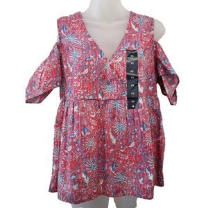 Lucky Brand Cold Shoulder Blouse Top Womens XS Silver Red Blue Floral Cotton NEW